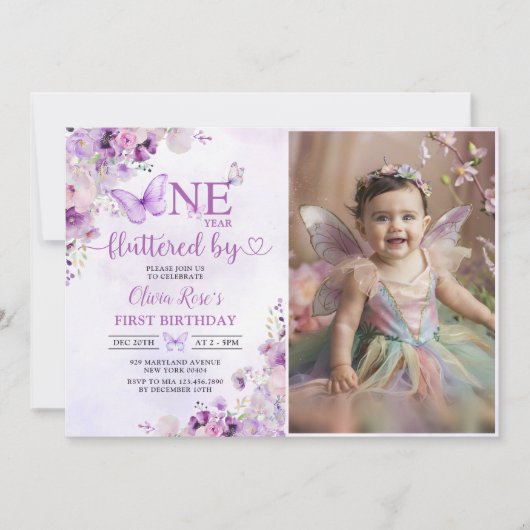 Elegante Paarse vlinder 1e verjaardagsfeest foto Kaart (Voorkant)