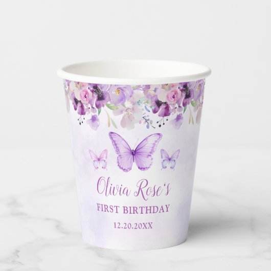 Elegante Paarse vlinder 1e verjaardagsfeest Papieren Bekers (Voorkant)