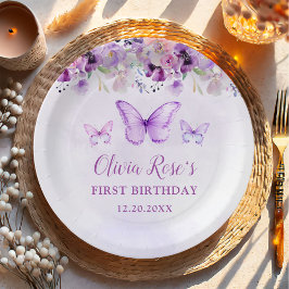 Elegante Paarse vlinder 1e verjaardagsfeest Papieren Bordje