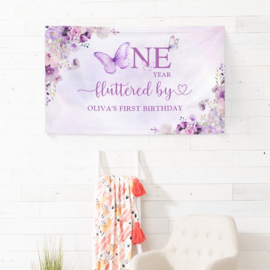 Elegante Paarse vlinder 1e verjaardagsfeest Spandoek (Insitu)