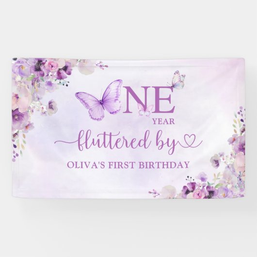 Elegante Paarse vlinder 1e verjaardagsfeest Spandoek (Horizontaal)