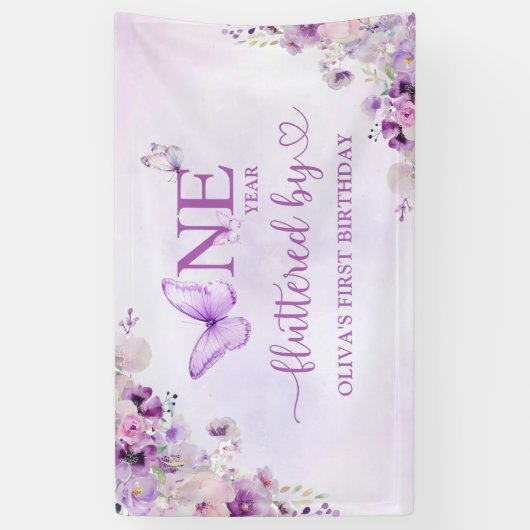 Elegante Paarse vlinder 1e verjaardagsfeest Spandoek (Verticaal)
