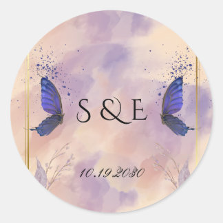Elegante Paarse Vlinder Huwelijkssticker Ronde Sticker