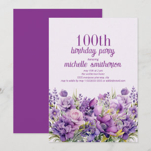 Elegante Paarse Waterverf Bloem 100e Verjaardag Kaart