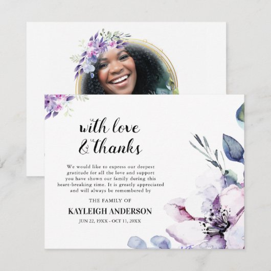 Elegante Paarse Waterverf Bloem Foto Bedankkaart (Voorkant / Achterkant)