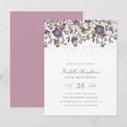 Elegante Paarse Waterverf Bloemdruppel Verjaardag Uitnodiging Briefkaart (Voorkant / Achterkant)