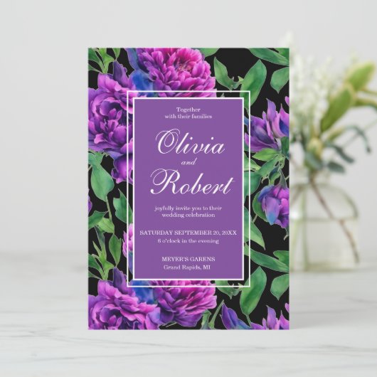 Elegante paarse waterverf bloemen bloemenbruiloft kaart (Staand voorkant)