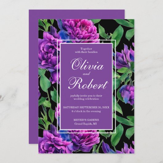 Elegante paarse waterverf bloemen bloemenbruiloft kaart (Voorkant / Achterkant)