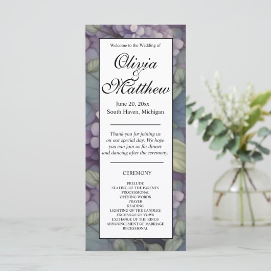 Elegante paarse waterverf bloemen bruiloft program (Staand voorkant)