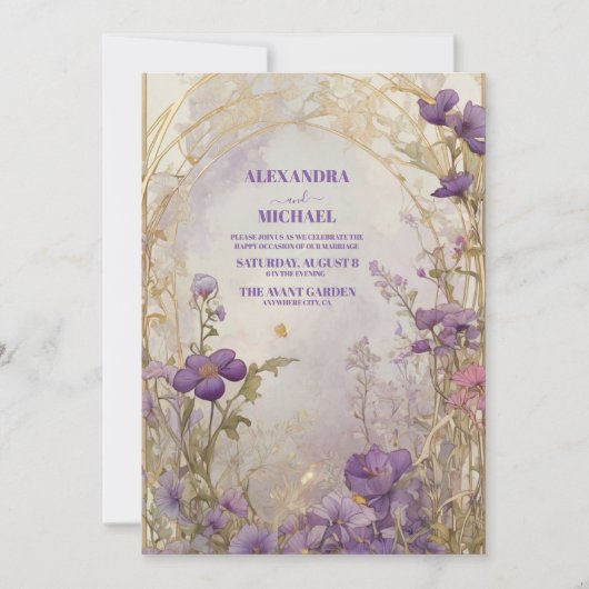 Elegante Paarse Waterverf Bloemen Groen Bruiloft Kaart (Voorkant)