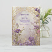 Elegante Paarse Waterverf Bloemen Groen Bruiloft Kaart (Staand voorkant)