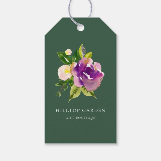 Elegante Paarse Waterverf Bloemen Groen Prijs Labe Cadeaulabel (Voorkant)