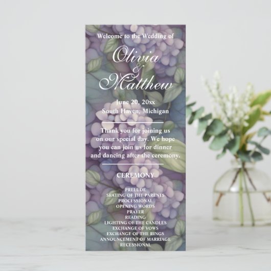 Elegante paarse waterverf bloemenbruiloft programm (Staand voorkant)