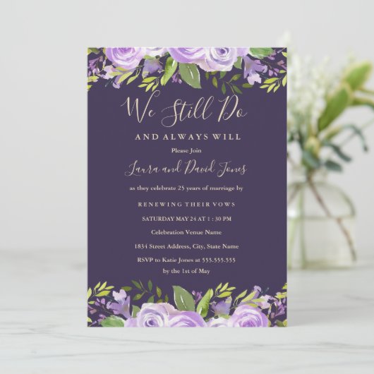 Elegante Paarse Waterverf Bloemengelofte Vernieuwi Kaart (Staand voorkant)