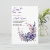 Elegante Paarse Waterverf Bloemenkrans Sweet 16 Kaart (Staand voorkant)