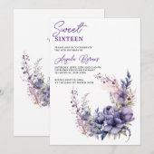 Elegante Paarse Waterverf Bloemenkrans Sweet 16 Kaart (Voorkant / Achterkant)