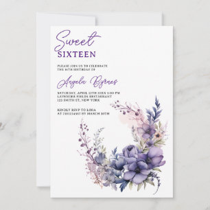 Elegante Paarse Waterverf Bloemenkrans Sweet 16 Kaart