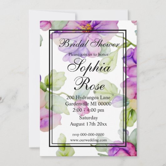 Elegante paarse waterverf bloemige Bruidsdouche Kaart (Voorkant)