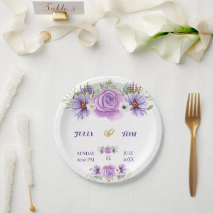 Elegante Paarse Waterverf Bloemige Bruiloft Papieren Bordje