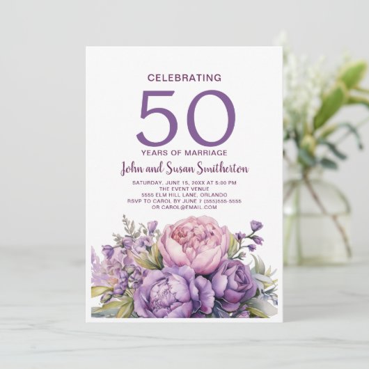 Elegante Paarse Waterverf Floral 50e Jubileum Kaart (Staand voorkant)