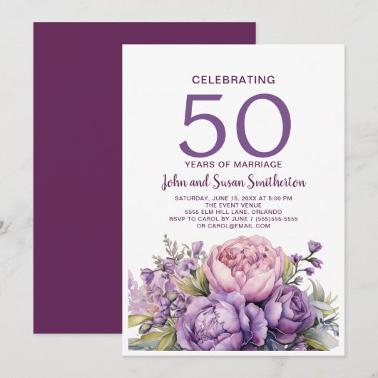 Elegante Paarse Waterverf Floral 50e Jubileum Kaart (Voorkant / Achterkant)