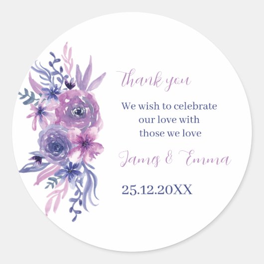 Elegante Paarse Waterverf Flower Custom Wedding Ronde Sticker (Voorkant)