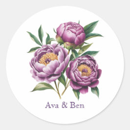 Elegante Paarse Waterverf pioen bloemenbruiloft Ronde Sticker