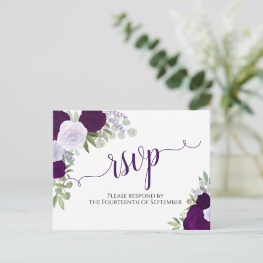 Elegante Paarse Waterverf Rozen Bruiloft RSVP Briefkaart (Staand voorkant)