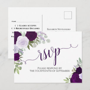 Elegante Paarse Waterverf Rozen Bruiloft RSVP Briefkaart