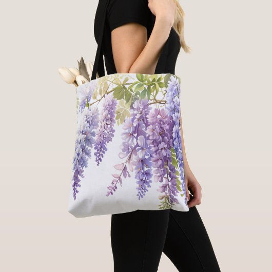 Elegante paarse waterverf wisteria blauw bloemig tote bag (Dichtbij)