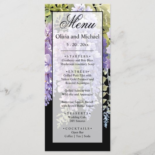 Elegante paarse waterverf wisteria bloemenbruiloft menu (Voorkant)