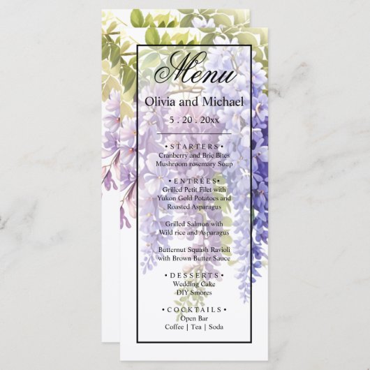 Elegante paarse waterverf wisteria bloemenbruiloft menu (Voorkant / Achterkant)