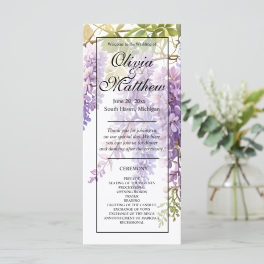 Elegante paarse waterverf wisteria huwelijksprogra (Staand voorkant)