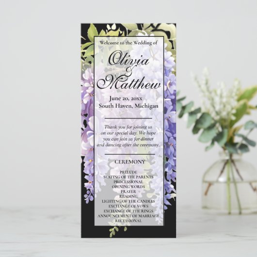 Elegante paarse waterverf wisteria huwelijksprogra (Staand voorkant)