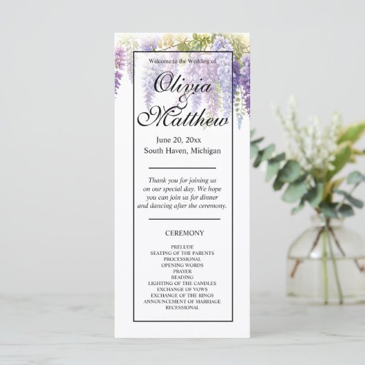 Elegante paarse waterverf wisteria huwelijksprogra (Staand voorkant)