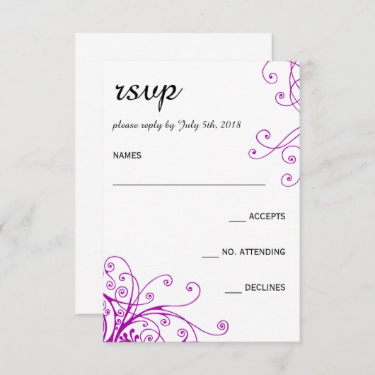Elegante Paarse wervelingen bruiloft RSVP kaart (Voorkant / Achterkant)
