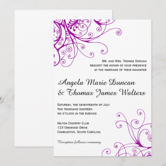 Elegante Paarse wervelingen bruiloft uitnodiging (Voorkant / Achterkant)
