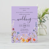 Elegante Paarse wilde bloem bruiloft uitnodiging (Staand voorkant)