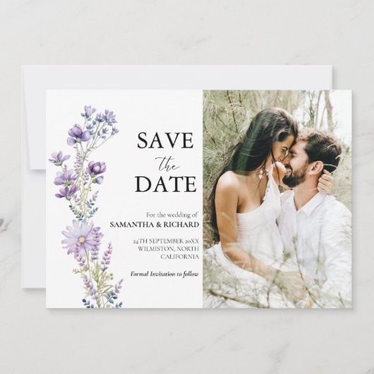 Elegante Paarse Wildflower bruiloft Save the Date Kaart (Voorkant)