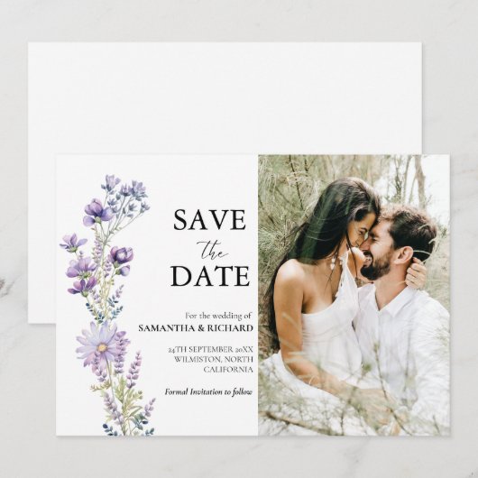 Elegante Paarse Wildflower bruiloft Save the Date Kaart (Voorkant / Achterkant)
