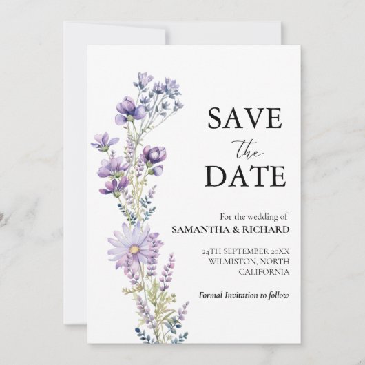 Elegante Paarse Wildflower bruiloft Save the Date Kaart (Voorkant)
