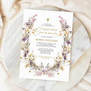 Elegante Paarse Wildflower Eerste Heilige Communie Kaart