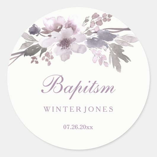 Elegante Paarse Winter Bloemen Doop Sticker (Voorkant)