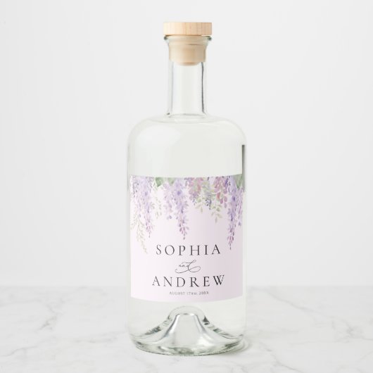 Elegante Paarse Wisteria Bloemen Bruiloft Likeurfles Etiket (Voorkant)