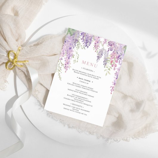 Elegante Paarse Wisteria Bloemen Bruiloft Menu