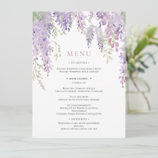 Elegante Paarse Wisteria Bloemen Bruiloft Menu (Staand voorkant)
