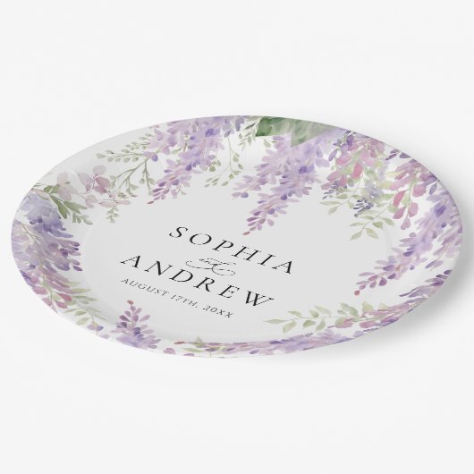 Elegante Paarse Wisteria Bloemen Bruiloft Papieren Bordje (Gekanteld)