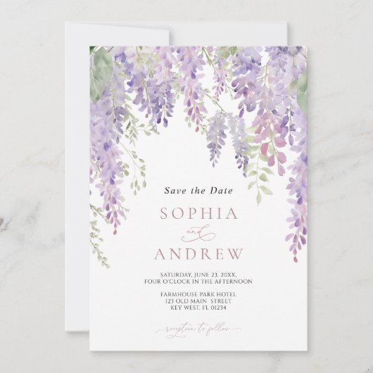 Elegante Paarse Wisteria Bloemen SAVE the DATE Kaart (Voorkant)