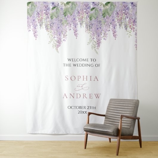 Elegante Paarse Wisteria Bloemen Trouwwandtapijt Wandkleed (In situ)