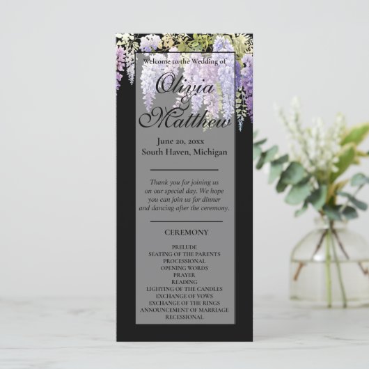 Elegante paarse wisteria bloemenbruiloft programma (Staand voorkant)
